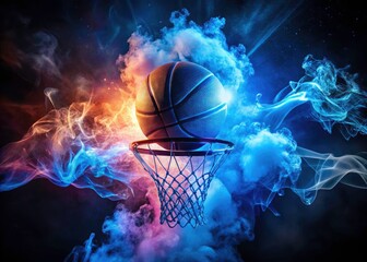 Blue neon smoke trails a basketball in low-light; dark background offers ample copy space.