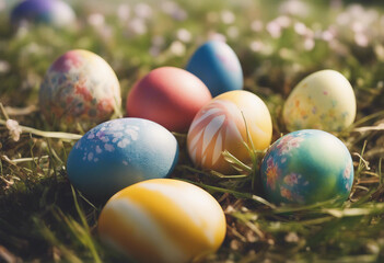 Easter Colorful Decorated Eggs On Field
