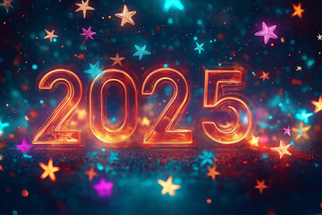 Design for the new year 2025 in futuristic neon lights with a cosmic background in the form of pulsating stars