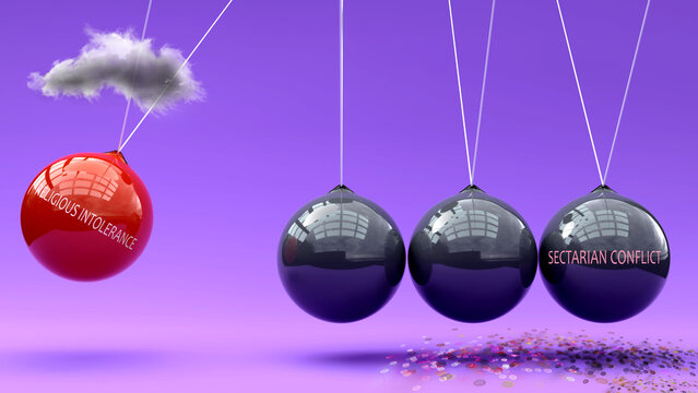 Religious Intolerance leads to sectarian conflict. A Newton cradle metaphor in which religious intolerance sets sectarian conflict in motion. Cause and effect relation between them ,3d illustration