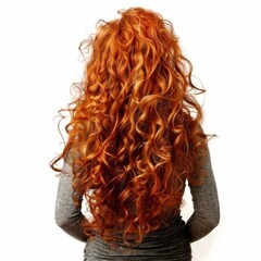 Long, red, curly hair flows down a woman's back, a stunning display of vibrant color and texture against a clean white backdrop