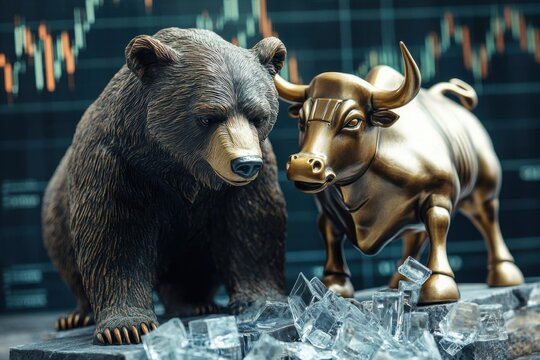 Dramatic image of a bear crushing a bull statue as stock charts crumble like brittle glass