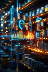 Warehouse inventory visualized with glowing data charts on shelves