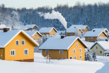 Winter village scene with smoke rising from chimneys, snowcovered rooftops, festive atmosphere