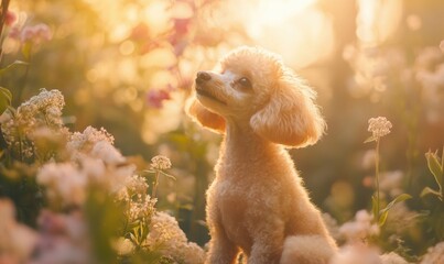 Fototapeta premium A small dog is sitting in a field of flowers