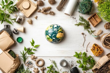 Fototapeta premium Model Surrounded by Recycled Items on White Background