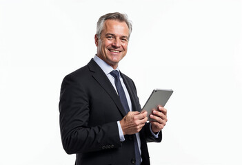 Happy middle aged business man ceo wearing suit standing isolated on white using digital tablet. Smiling mature businessman professional executive manager looking at camera holding device. Portrait