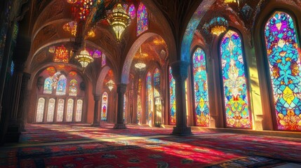 Obraz premium A mosque interior with vibrant stained glass windows, patterned carpets, and chandeliers