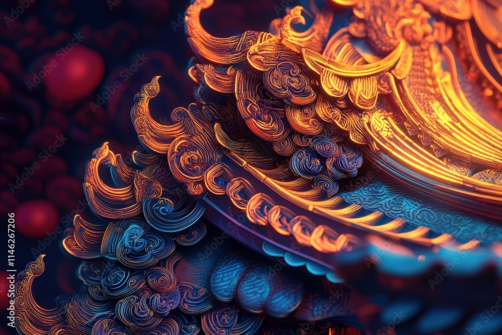 Poster intricate and vibrant abstract design featuring ornate patterns and textures in vivid colors of oran