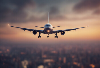 Airplane In Flight At Twilight With Blurred Cityscape