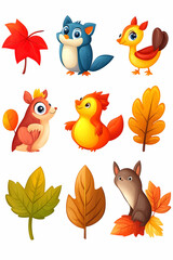 Autumn animals and leaves collection for kids' design.