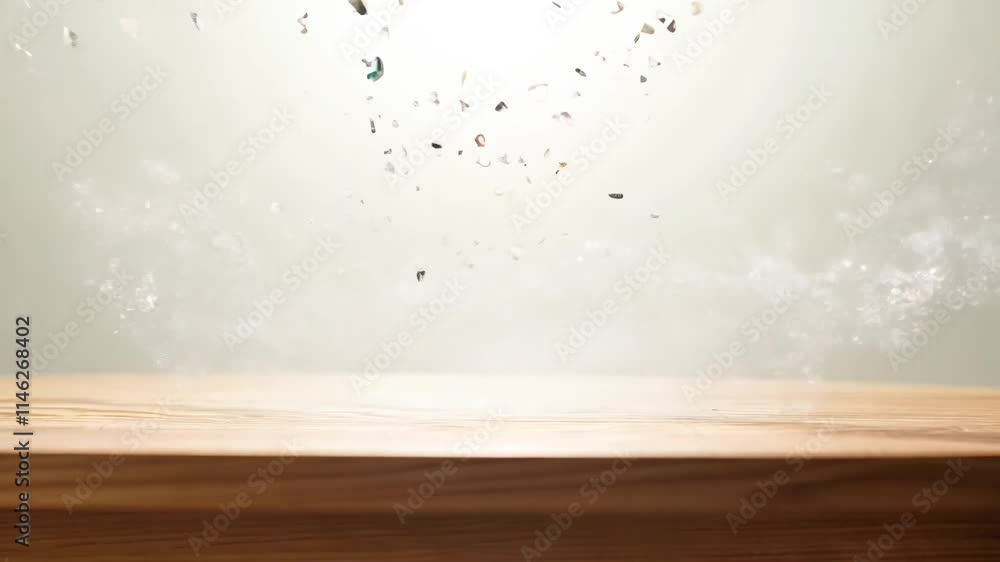 Poster camera pans right to reveal a wooden table with floating particles, creating a serene ambiance perfe
