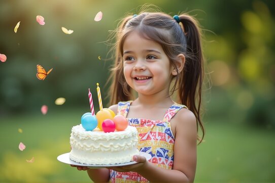 Happy girl holding birthday cake outdoors