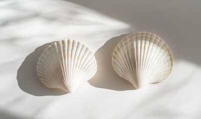 Two shells are laying on a white surface