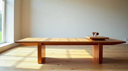 Sunlight Illuminates a Modern Minimalist Wooden Coffee Table with a Small Wooden Object as a Centerpiece