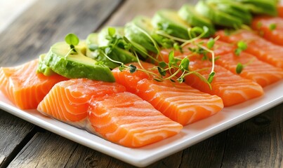 A plate of salmon and avocado