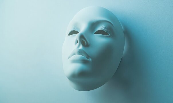 A white mask with a blue background