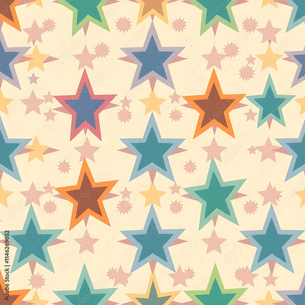 Poster Retro Starburst Pattern: A cheerful and vibrant retro pattern of colorful stars bursting with energy, perfect for adding a playful touch to your designs.  
