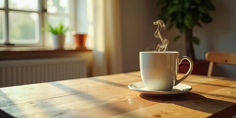 Warm morning beverage steaming on a wooden table bathed in sunlight near a window