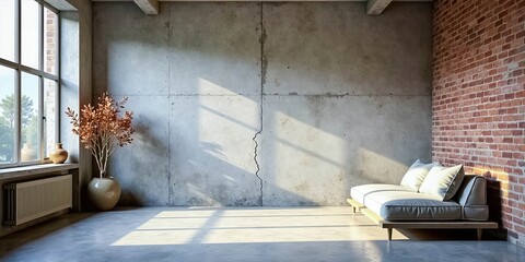 Sunlit Minimalist Room with Concrete and Brick Walls, Low Platform Sofa, and Dried Plant