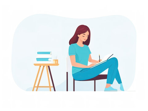 Young woman journaling in a notebook, cartoon style, sitting on a cozy chair, isolated on white.