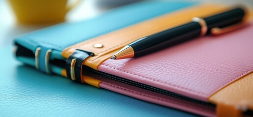 Colorful leather notebook with pen.