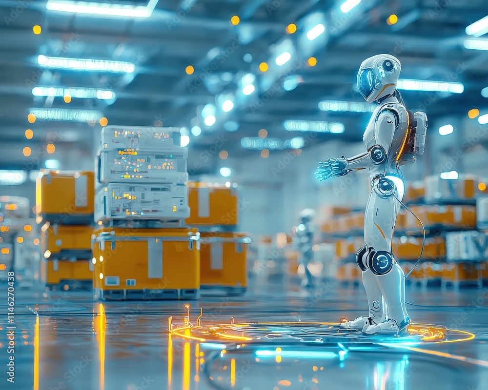 Poster warehouse with robots arranging goods by data-driven instructions