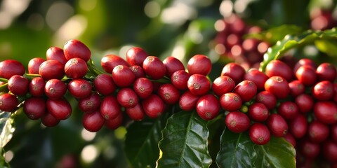 Mature coffee beans Coffea ready for harvest display a distinctive reddened skin color, indicating their age and perfect readiness. These coffee beans Coffea are prime for picking.