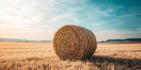 Bale of hay represents agriculture and farming, symbolizing the harvest season. This bale of hay showcases the essence of farming with its dried grass straw bundled as a haystack.