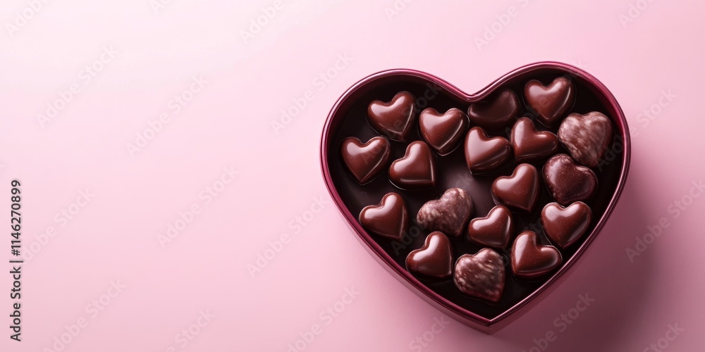 Poster close up of a heart shaped candy box filled with delightful chocolate candies, set against a soft pi