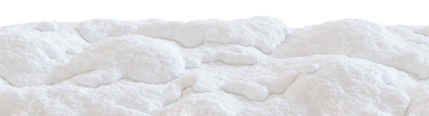 Snow-covered landscape with soft, fluffy mounds of snow, on transparent background. Ideal for use as footer in winter-themed designs, digital art, holiday promotions, seasonal graphic projects. 3D.