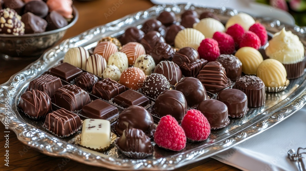 Poster Assorted chocolates and confectionery displayed elegantly on a silver tray, perfect for showcasing delicious assorted chocolates in a delightful presentation.