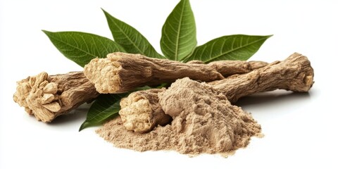 Dried Eurycoma longifolia Jack roots, green leaves, and powder are isolated on a white background, showcasing the unique features of Eurycoma longifolia Jack with a clear clipping path.