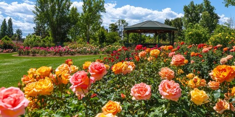 Vibrant and beautiful roses create a stunning display in the park, showcasing the natural beauty of colorful roses in full bloom, making this park an enchanting spot for nature lovers.