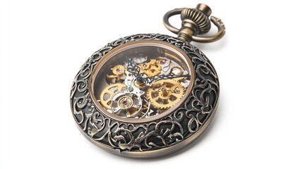 Naklejka premium Antique bronze pocket watch with exposed gears and ornate design, isolated on white background.
