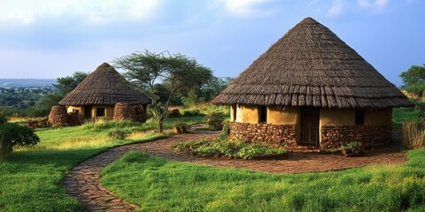 Traditional African thatched houses showcase authentic architecture and culture, representing the essence of African design. These traditional African thatched houses embody a rich heritage.