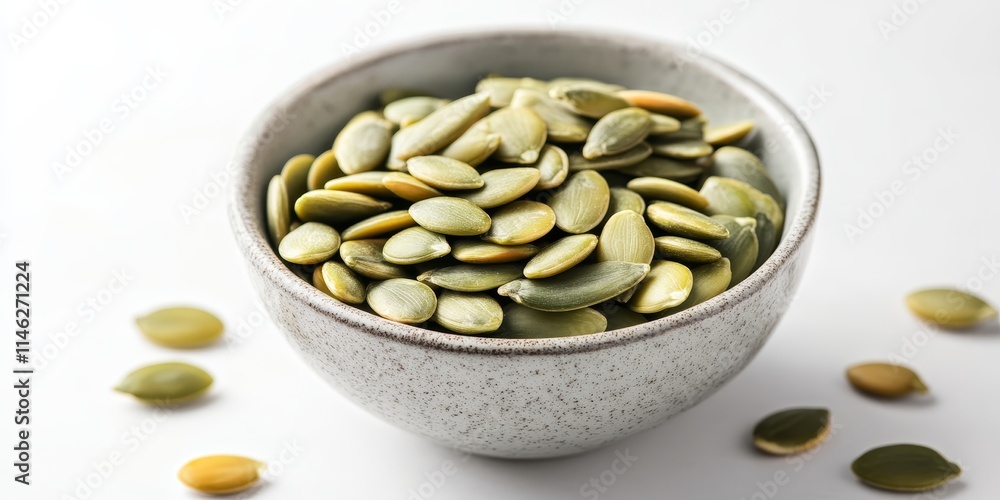 Poster pumpkin seeds are arranged in a small bowl on a white table, showcasing a healthy snack option. this