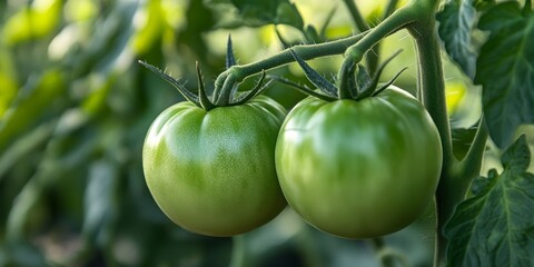 Two green tomatoes on the vine are in the process of ripening, showcasing the beauty of bio food and eco friendly farming practices. These green tomatoes highlight sustainable agriculture.