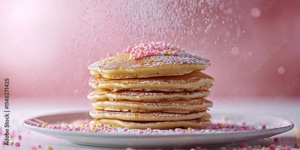 Poster Sugar sprinkles cascade over a delightful stack of pancakes, creating a whimsical scene. Enjoy the sweet charm of sugar sprinkles as they add a special touch to your pancake presentation.