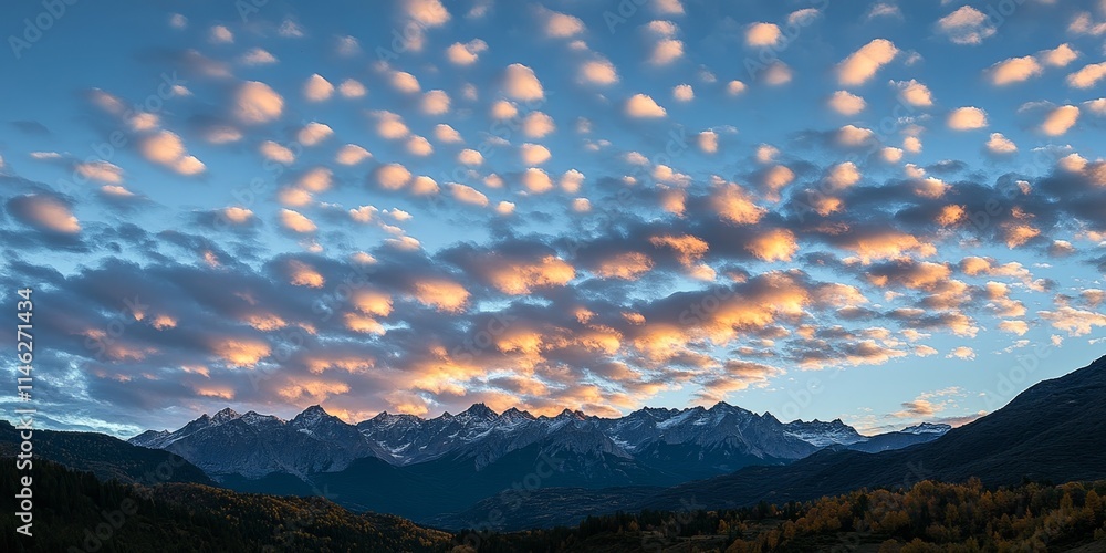 Poster evening light casts a beautiful glow on altocumulus clouds in the sky, creating a stunning contrast 