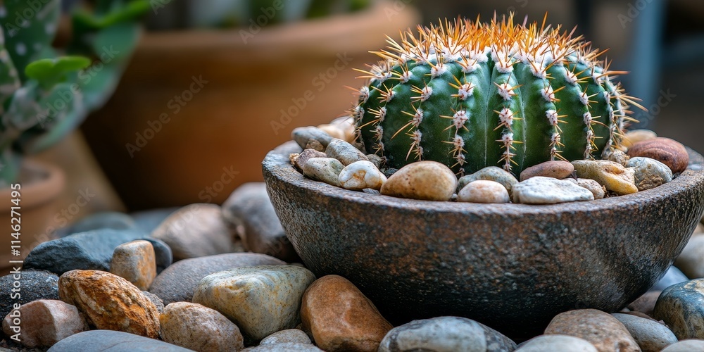 Poster cactus in a pot surrounded by stones, showcasing the beauty of a cactus arrangement that emphasizes 