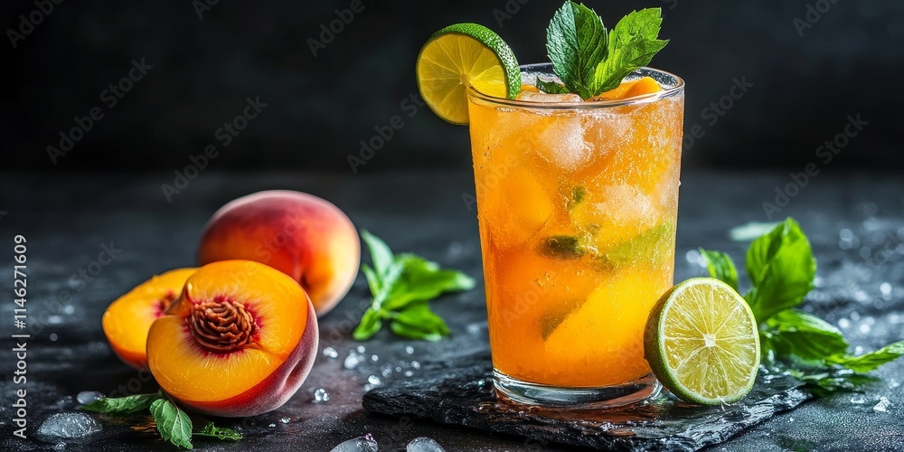 Poster refreshing cold lemonade featuring peach and lime served on a dark concrete background, this delicio