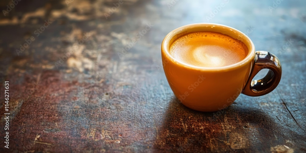 Poster a small coffee cup filled with hot espresso rests on a rustic table, showcasing the rich details of 