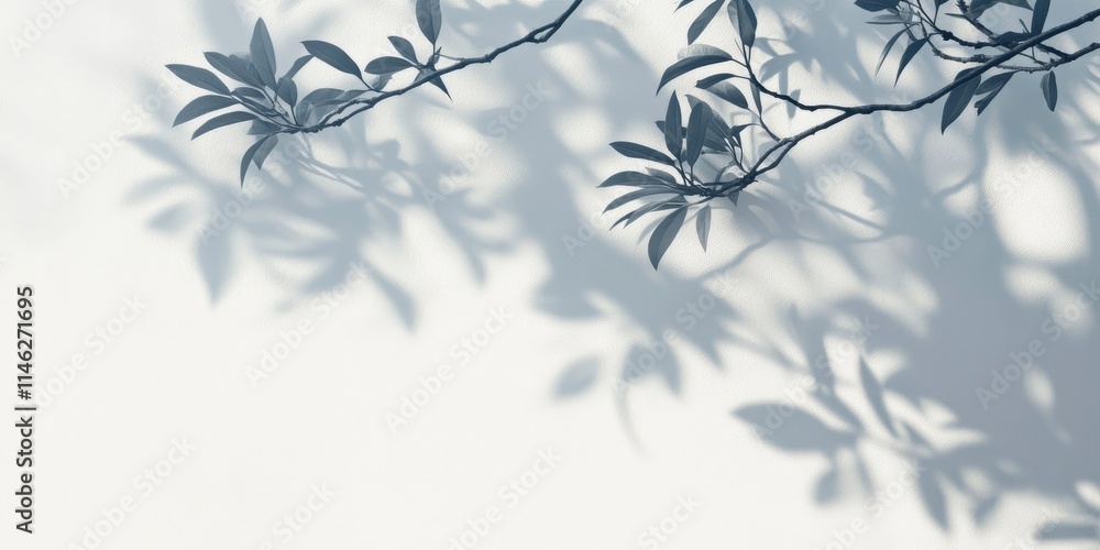 Poster Aesthetic light background featuring sharp shadows of a tree branch. This nature inspired summer backdrop creates a simple mockup for poster presentations, highlighting the interplay of shadows and