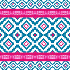 Geometric Ethnic Diamond and Stripe Pattern in Blue and Pink Seamless Design