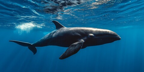 Fototapeta premium Short finned pilot whale swimming gracefully in the ocean, showcasing the beauty and majesty of short finned pilot whales in their natural habitat, a captivating sight in marine life.