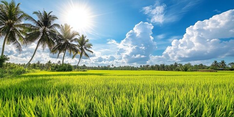Lush green rice fields paired with coconut trees create a stunning scene, framed by a backdrop of white clouds under a vibrant blue sky, capturing the beauty of green rice fields.