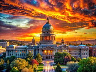 Fototapeta premium Idaho State Capitol Building Double Exposure Sunrise, Boise Skyline, Majestic Statehouse, Architectural Photography