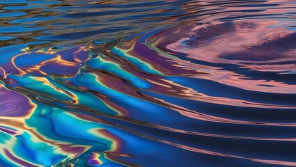 Iridescent oil slick on water with swirling colors and sunlight reflections
