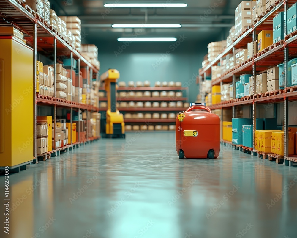 Poster warehouse with robots arranging goods by data-driven instructions